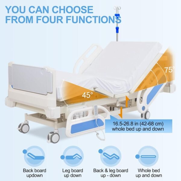 Premium Hospital Bed - 3 Function Full Electric Hospital ICU Bed with 4.7" Memory Foam Mattress Included JIECANG Motor & Control System and Central Locking System with 5" Casters