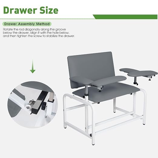 Phlebotomy Chair with Soft Cushion, Lab Blood Drawing Chair with Storage Drawer, Adjustable Armrests,Black with Large Drawer