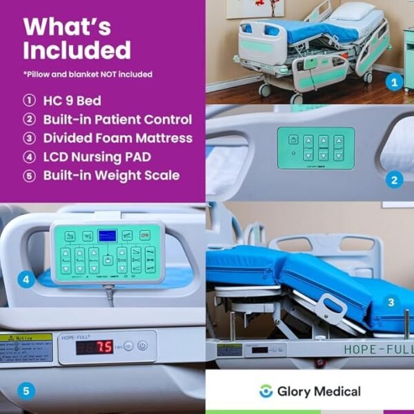HopeFULL HC‑9 EZ‑Turn ICU Hospital Bed with Lateral Tilting, 12‑Piece 4.7" Foam Mattress, LINAK Motor, Built‑in Weight Scale, Central Locking, Patient‑Lift Compatible