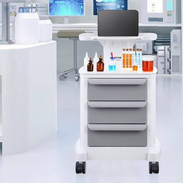 61cHUSTQ3+L._AC_SL1500_ VEVOR 4 Tiers Lab Carts, Lab Utility Cart with 3 Drawers & 1 Top Tray, Mobile Medical Cart with ABS Material, Lab Rolling Cart with 4 Silent Wheels for Lab, Clinic, Hospital, Salon, White
