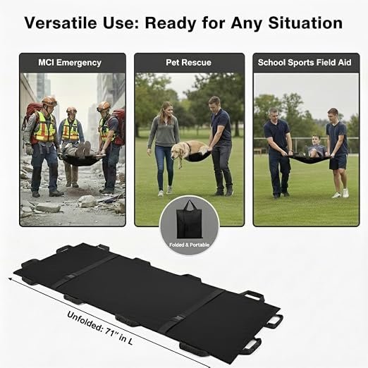 Portable Transport Stretcher with 12 Rubber Handles & Carrying Bag – Dog Stretcher & Gurney, Patient Animal Mover for Emergency Casualty Evacuation, 400lbs Capacity（Black）