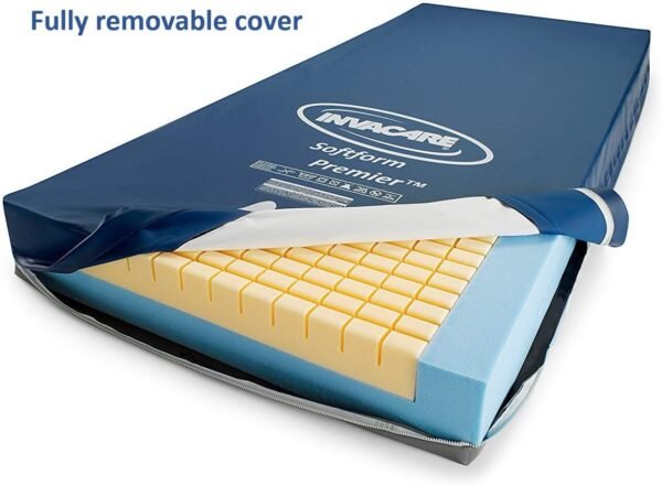 Invacare Premier Hospital Bed Mattress, Foam, Fluid-Resistant Cover Flexes in Right Places to Relieve Body Pressure, Firm Mid-Section & Soft Head/Feet Section, Enhanced Side Support for Safe Transfers