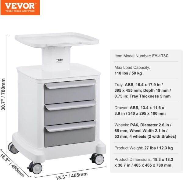 61ucRus0+4L._AC_SL1500_ VEVOR 4 Tiers Lab Carts, Lab Utility Cart with 3 Drawers & 1 Top Tray, Mobile Medical Cart with ABS Material, Lab Rolling Cart with 4 Silent Wheels for Lab, Clinic, Hospital, Salon, White