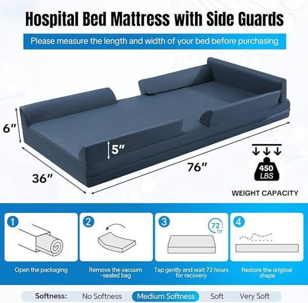 71-Od0Zx4SL._AC_SX679_ HOMBYS 6" Thickness 5-Zone Memory Foam Hospital Bed Mattress with Side Guards 76"x36", Thick FDA Registered Medical Mattress for Fall Prevention, Pressure Relief & Pain Reduction, Home/Clinical Use