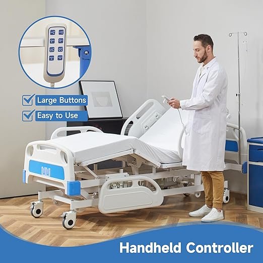 Real Relax Premium 5 Function Full Electric Hospital Bed (with Mattress & IV Pole), Premium Medical Hospital Beds, with Locking Casters, Motor.