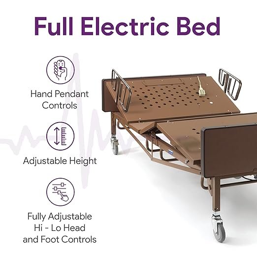Bariatric Full Electric Hospital Bed with Foam Mattress and T-Rail Safety Rails - 80” x 42”, 600 lb Weight Capacity - for Home Care and Medical Facilities - Fully Adjustable, Locking Casters