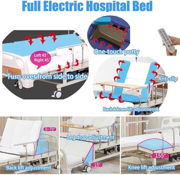 715OR5H+01L._AC_SX679_ Falluk Full Electric Hospital ICU Bed for Home Use with 10 Fuctions, Lateral Tilting Features, with Remote Control, Individual Locking, IV Pole, Mattress, Quiet Wheels, Dining Table Board
