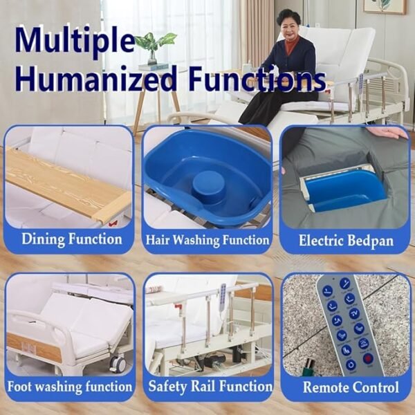 715Yo+VuUpL._AC_SX679_ Falluk Full Electric Hospital ICU Bed for Home Use with 10 Fuctions, Lateral Tilting Features, with Remote Control, Individual Locking, IV Pole, Mattress, Quiet Wheels, Dining Table Board