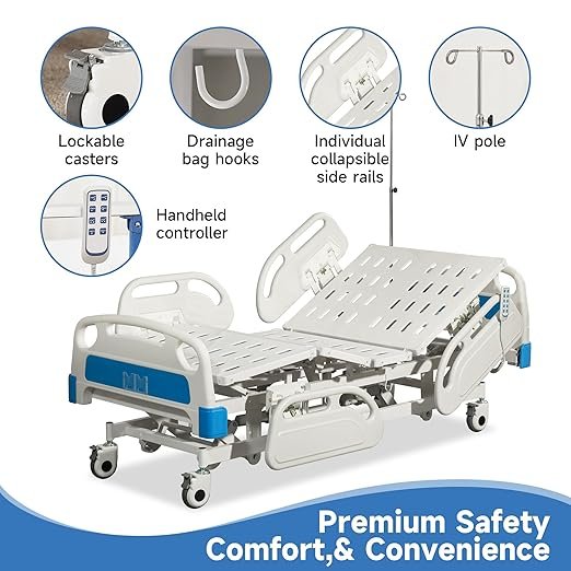Real Relax Premium 5 Function Full Electric Hospital Bed (with Mattress & IV Pole), Premium Medical Hospital Beds, with Locking Casters, Motor.