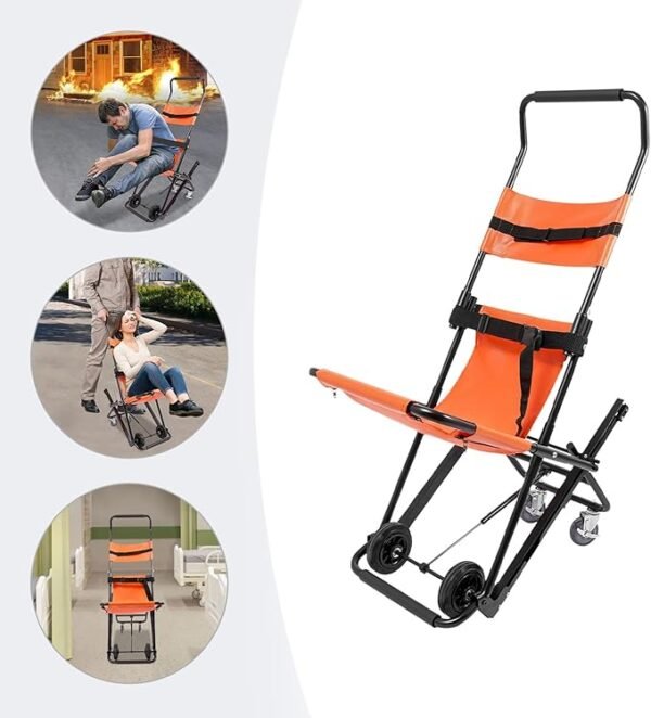 Folding Stair Chair Emergency Transport, Orange & Black Ambulance Transport, Heavy Duty 350lbs Capacity Aluminum Alloy Stretcher Chair with Wheels and Safety Straps for Home Hospital Ambulance Use