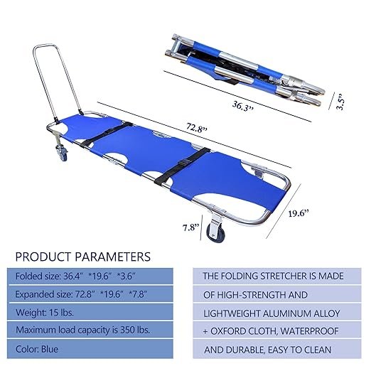 JJFFTAO，Rescue Stretcher，Medical Stretcher，Aluminum 4-Wheel Foldable Stretcher Trolley with Drawbar，Gurney Stretcher can Hold 350 lbs，Used in fire Rescue, Fitness venues, Hospitals, etc