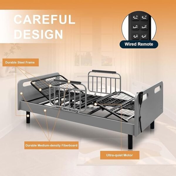 Full Electric Hospital Bed for Home Use, Multi-Position Electric Lift Design Adjustable Bed for Seniors, Bariatric Hospital Bed with Memory Foam Mattress & Safety Side Armrest - 600LBS, 40" x 79"