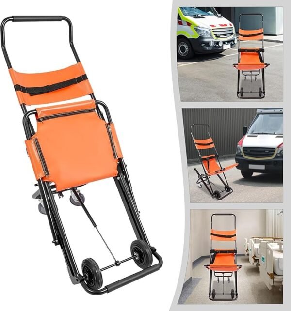Folding Stair Chair Emergency Transport, Orange & Black Ambulance Transport, Heavy Duty 350lbs Capacity Aluminum Alloy Stretcher Chair with Wheels and Safety Straps for Home Hospital Ambulance Use