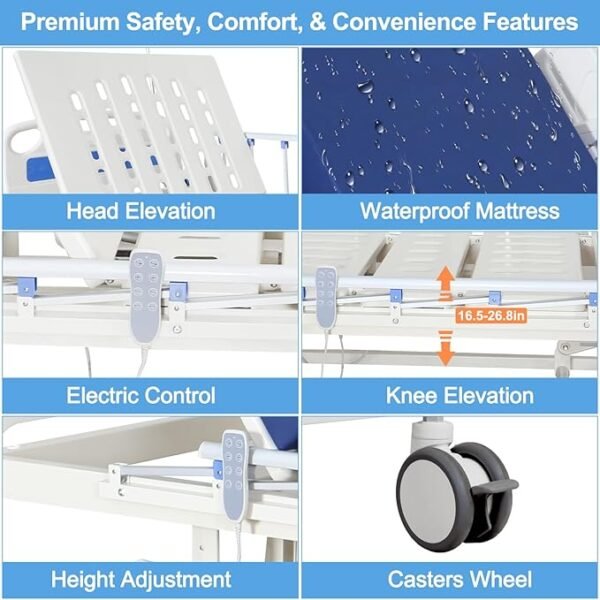 Premium Hospital Bed - 3 Function Full Electric Hospital ICU Bed with 4.7" Memory Foam Mattress Included JIECANG Motor & Control System and Central Locking System with 5" Casters