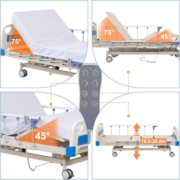 Premium Hospital Bed - 3 Function Full Electric Hospital ICU Bed with 4.7" Memory Foam Mattress Included JIECANG Motor & Control System and Central Locking System with 5" Casters