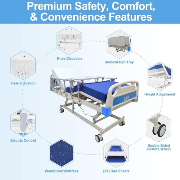Premium Hospital Bed - 5 Function Full Electric ICU Medical Beds with 4.7" Foam Mattress, JIECANG Motors, CPR/One-Click Recovery, Includes (2X) Bed Sheet (Premium 5 Function Plus)