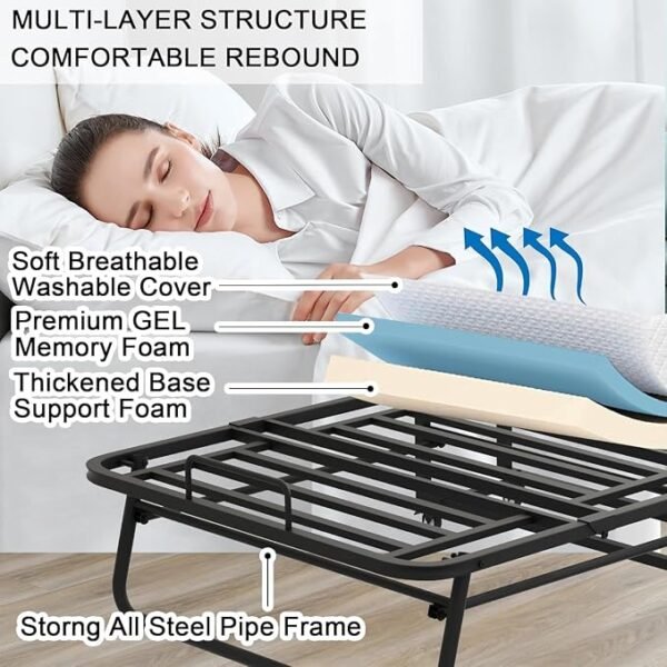 Folding Bed with Mattress Full Size 75 X 54 inch for Adults Extra Large Foldable Rollaway Portable Fold Up Guest Spare School Holiday Hotel Bed 5" Memory Foam Mattress on Wheels