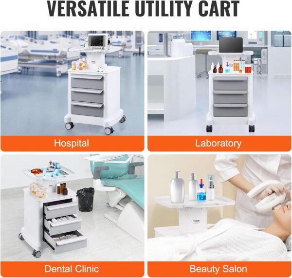 71TC0Z0kyeL._AC_SL1500_ VEVOR 4 Tiers Lab Carts, Lab Utility Cart with 3 Drawers & 1 Top Tray, Mobile Medical Cart with ABS Material, Lab Rolling Cart with 4 Silent Wheels for Lab, Clinic, Hospital, Salon, White