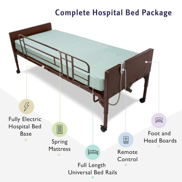 Full Electric Hospital Bed with innerspring Mattress and Full Rails Included - for Home Care Use and Medical Facilities - Fully Adjustable, Easy Transport Casters, Remote - 80" x 36"