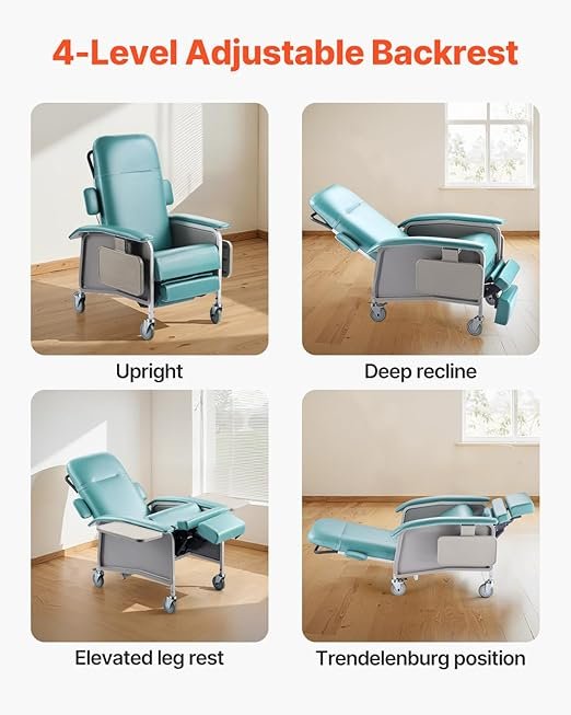71Vxw6HoYwL._SX522_ VEVOR Geri Chair Recliner, 4-Position Reclining Geri Chair with 2 Trays, 250 lbs Capacity Trendelenburg Medical Recliner Chair with 4 Wheels for Hospital, Nursing Home, Geriatric Home Care