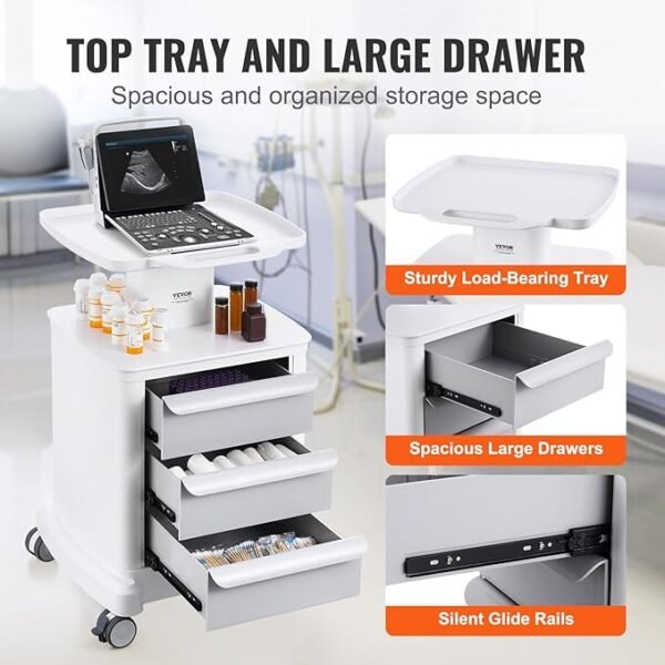 71YNX651bjL._AC_SX679_ VEVOR 4 Tiers Lab Carts, Lab Utility Cart with 3 Drawers & 1 Top Tray, Mobile Medical Cart with ABS Material, Lab Rolling Cart with 4 Silent Wheels for Lab, Clinic, Hospital, Salon, White