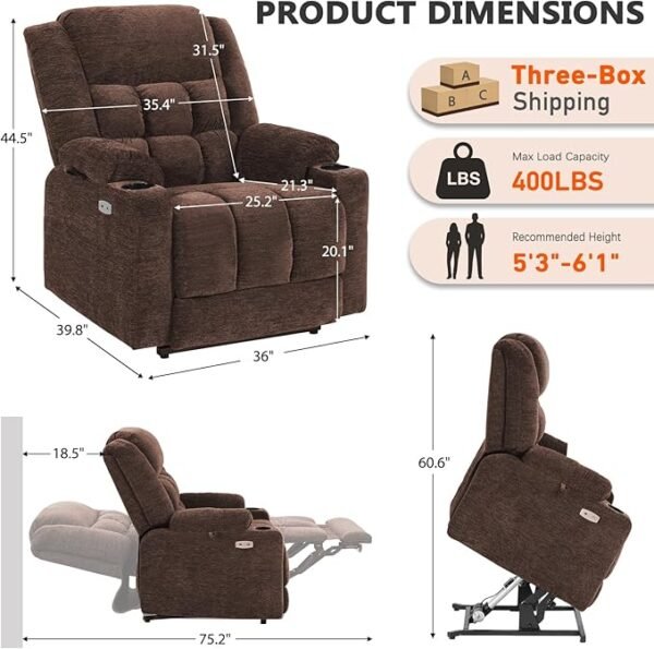 EONIX Wide Lay Flat Power Lift Recliner Chair for Elderly, Oversized Electric Recliner Lift Chair for Adults with Heat and Massage, Cup Holders, 400lbs Heavy Duty, Coffee