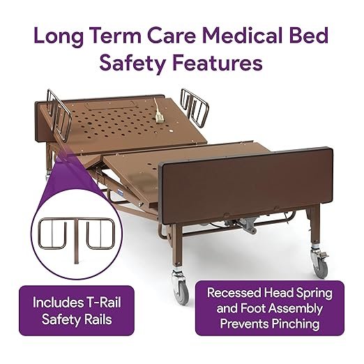 Bariatric Full Electric Hospital Bed with Foam Mattress and T-Rail Safety Rails - 80” x 42”, 600 lb Weight Capacity - for Home Care and Medical Facilities - Fully Adjustable, Locking Casters