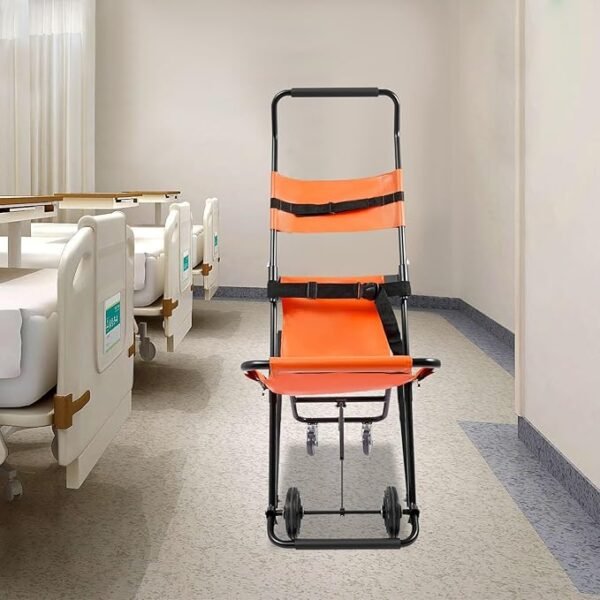 Folding Stair Chair Emergency Transport, Orange & Black Ambulance Transport, Heavy Duty 350lbs Capacity Aluminum Alloy Stretcher Chair with Wheels and Safety Straps for Home Hospital Ambulance Use