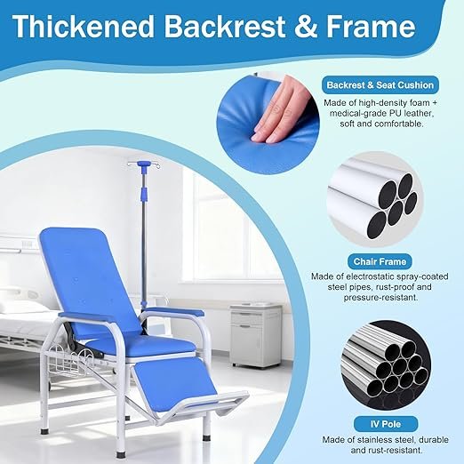 Adjustable IV Infusion Chairs, Lay Flat Medical Recliner Chairs, Hospital Nursing Chair, Waiting Room Comfortable Padded Seat, Load Capacity 330 lbs