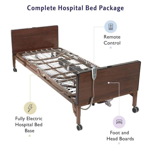 Full Electric Hospital Bed with innerspring Mattress and Full Rails Included - for Home Care Use and Medical Facilities - Fully Adjustable, Easy Transport Casters, Remote - 80" x 36"