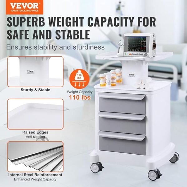 71ohSjXY35L._AC_SX679_ VEVOR 4 Tiers Lab Carts, Lab Utility Cart with 3 Drawers & 1 Top Tray, Mobile Medical Cart with ABS Material, Lab Rolling Cart with 4 Silent Wheels for Lab, Clinic, Hospital, Salon, White