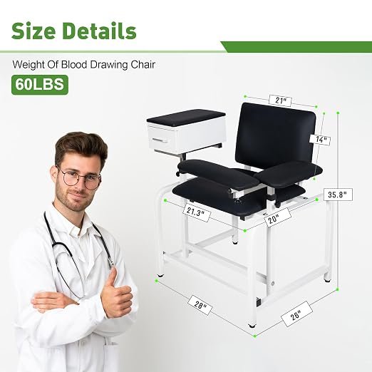 Phlebotomy Chair with Soft Cushion, Lab Blood Drawing Chair with Storage Drawer, Adjustable Armrests,Black with Large Drawer