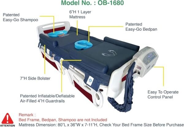 Obbomed OB-1680 StandardAir Mattress - Alternating Pressure Ulcer Prevention Air Mattress with Low Air Loss Air, Multiple lateral Rotation (15°,25°, 40°), Patented Easy go Bedpan, Shampoo, Guardrail