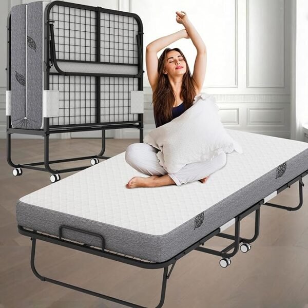 Full Size Folding Bed with Mattress for Adults 75X54 Rollaway Fodable Guest Room School College Dorm Office Hotel Hospital Spare Temporary Bed on Wheels for Guest Student