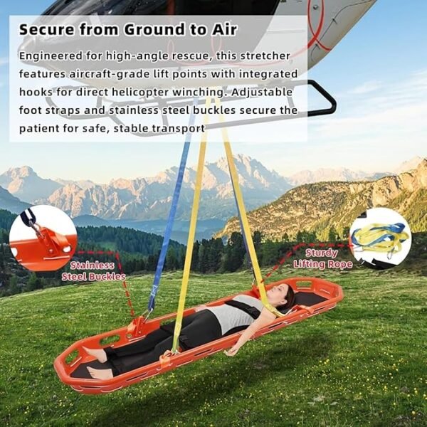 Rescue Basket Stretcher 595lbs Capacity, Orange Emergency Basket Stretcher Litter with Straps and Lifting Sling for Helicopter Mountain Water Rescue, Split Hanging Stretcher with Accessories