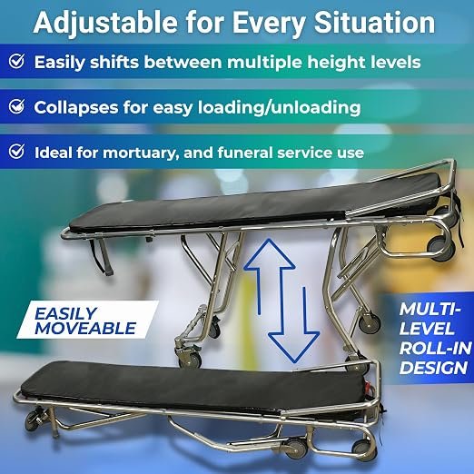 Model F500 Multi-Level Mortuary Stretcher, 400 lb Funeral Removal Cot | Mortuary Stretcher – High-Loading Cot with Roll-in Frame, Stair Guide – Ideal for Funeral ,Mortuary & Cremation Transport