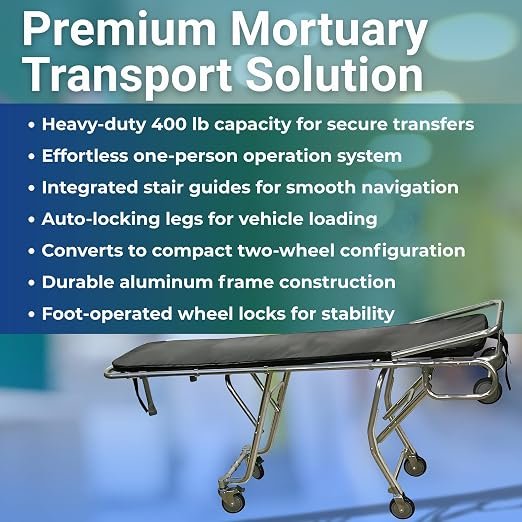 Model F500 Multi-Level Mortuary Stretcher, 400 lb Funeral Removal Cot | Mortuary Stretcher – High-Loading Cot with Roll-in Frame, Stair Guide – Ideal for Funeral ,Mortuary & Cremation Transport