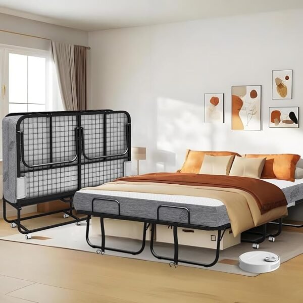 Folding Bed with Mattress Full Size 75 X 54 inch for Adults Extra Large Foldable Rollaway Portable Fold Up Guest Spare School Holiday Hotel Bed 5" Memory Foam Mattress on Wheels