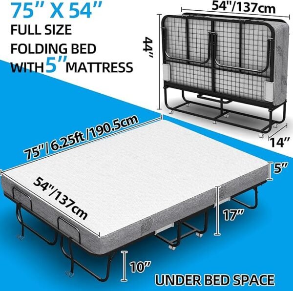Full Size Folding Bed with Mattress for Adults 75X54 Rollaway Fodable Guest Room School College Dorm Office Hotel Hospital Spare Temporary Bed on Wheels for Guest Student
