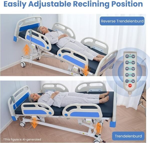 Careboda Premium 5 Function Full Electric Hospital Bed, Hospital Bed with PU Advanced Mattress, Quiet Wheels & IV Pole, ICU Electric Medical Bed with Core Motor, 85" x 41", 530lbs, Hospital & Home Use