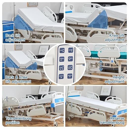 Real Relax Premium 5 Function Full Electric Hospital Bed (with Mattress & IV Pole), Premium Medical Hospital Beds, with Locking Casters, Motor.