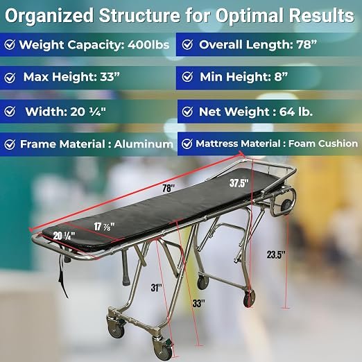 Model F500 Multi-Level Mortuary Stretcher, 400 lb Funeral Removal Cot | Mortuary Stretcher – High-Loading Cot with Roll-in Frame, Stair Guide – Ideal for Funeral ,Mortuary & Cremation Transport