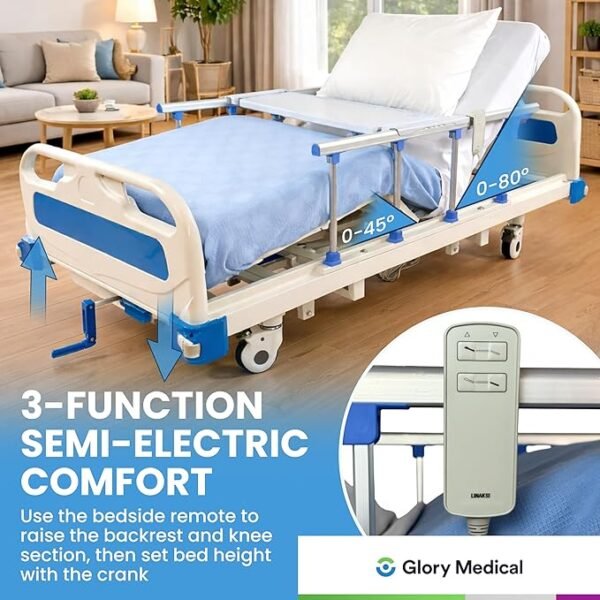 GloryMEQ Point A Tech PAM‑3SE Semi‑Electric Hospital Bed – 3‑Function Adjustable Home‑Care Bed with Remote, Safety Rails, Locking Casters, Foam Mattress, Bed Tray & 2 Sheets