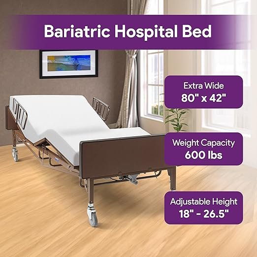 Bariatric Full Electric Hospital Bed with Foam Mattress and T-Rail Safety Rails - 80” x 42”, 600 lb Weight Capacity - for Home Care and Medical Facilities - Fully Adjustable, Locking Casters