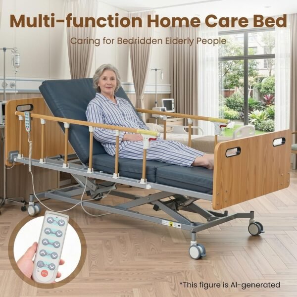 81pGXOGd3xL._AC_SL1500_ Careboda Full Electric Hospital Bed for Home Use – 5-Function Adjustable with German Motor, 4" PU Memory Foam Mattress, Foldable Safety Rails, Remote, Overbed Table, Height 9.4"–28.5", Up to 530 lbs