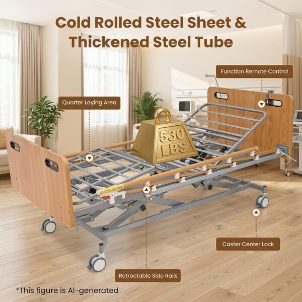 81tv3hW8ekL._AC_SL1500_ Careboda Full Electric Hospital Bed for Home Use – 5-Function Adjustable with German Motor, 4" PU Memory Foam Mattress, Foldable Safety Rails, Remote, Overbed Table, Height 9.4"–28.5", Up to 530 lbs