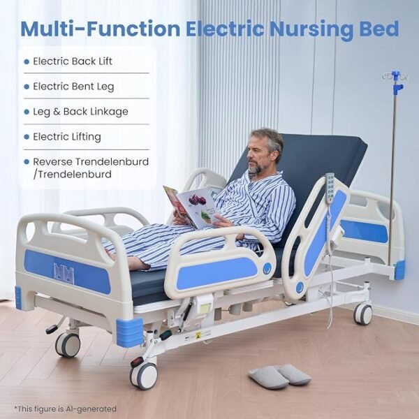 Careboda Premium 5 Function Full Electric Hospital Bed, Hospital Bed with PU Advanced Mattress, Quiet Wheels & IV Pole, ICU Electric Medical Bed with Core Motor, 85" x 41", 530lbs, Hospital & Home Use