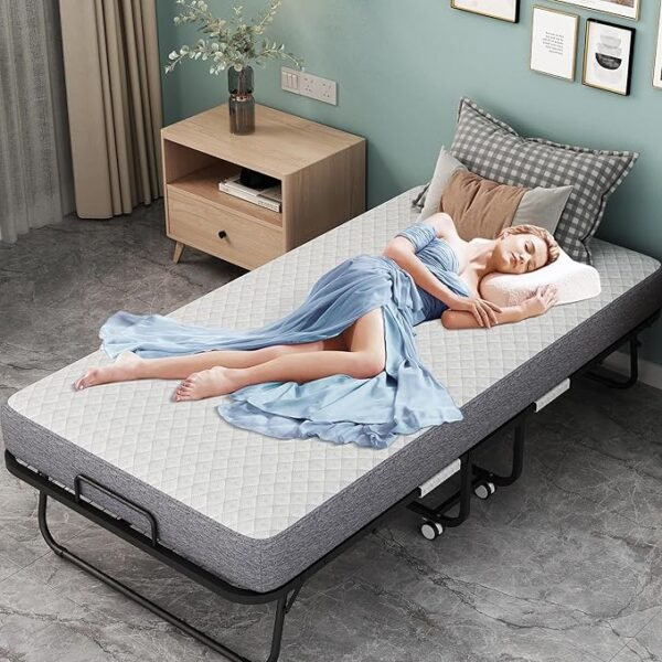 Folding Bed with Mattress Full Size 75 X 54 inch for Adults Extra Large Foldable Rollaway Portable Fold Up Guest Spare School Holiday Hotel Bed 5" Memory Foam Mattress on Wheels