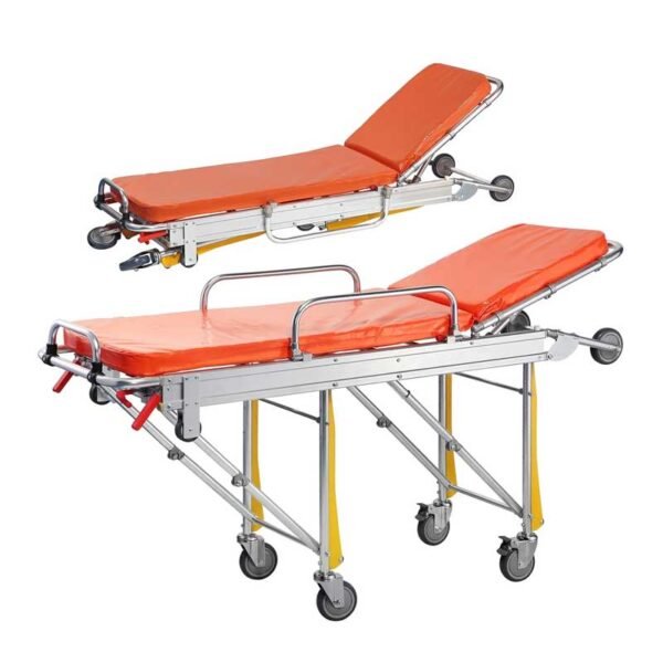 Aluminum Alloy Lightweight Automatic Loading Ambulance Stretcher, Folding Ambulance Gurney Stretcher Bed, Hospital Ambulance Stretcher Medical Emergency Trolley, Capacity 350 lbs (Blue)
