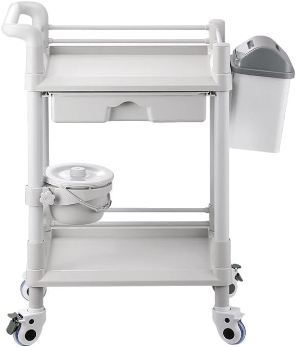 Mount Plus MT01 2 Tier Mobile Medical Cart Trolley with Drawer, Trash Cans, Waste Bowl | Beauty Salon Rolling Trolley with 360° Rotate Wheels | Heavy Duty Utility Cart for Hospital Dental Clinic